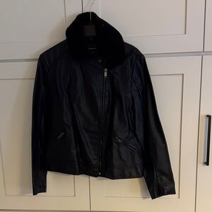 French Connection Black Leather Jacket with Faux Fur Collar